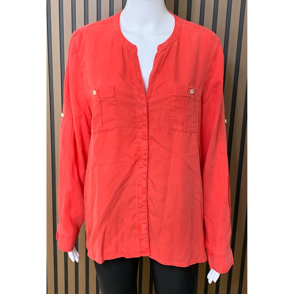 Tommy Bahama Coral Pink Tencel Roll Tab Sleeve Button Front Blouse Large